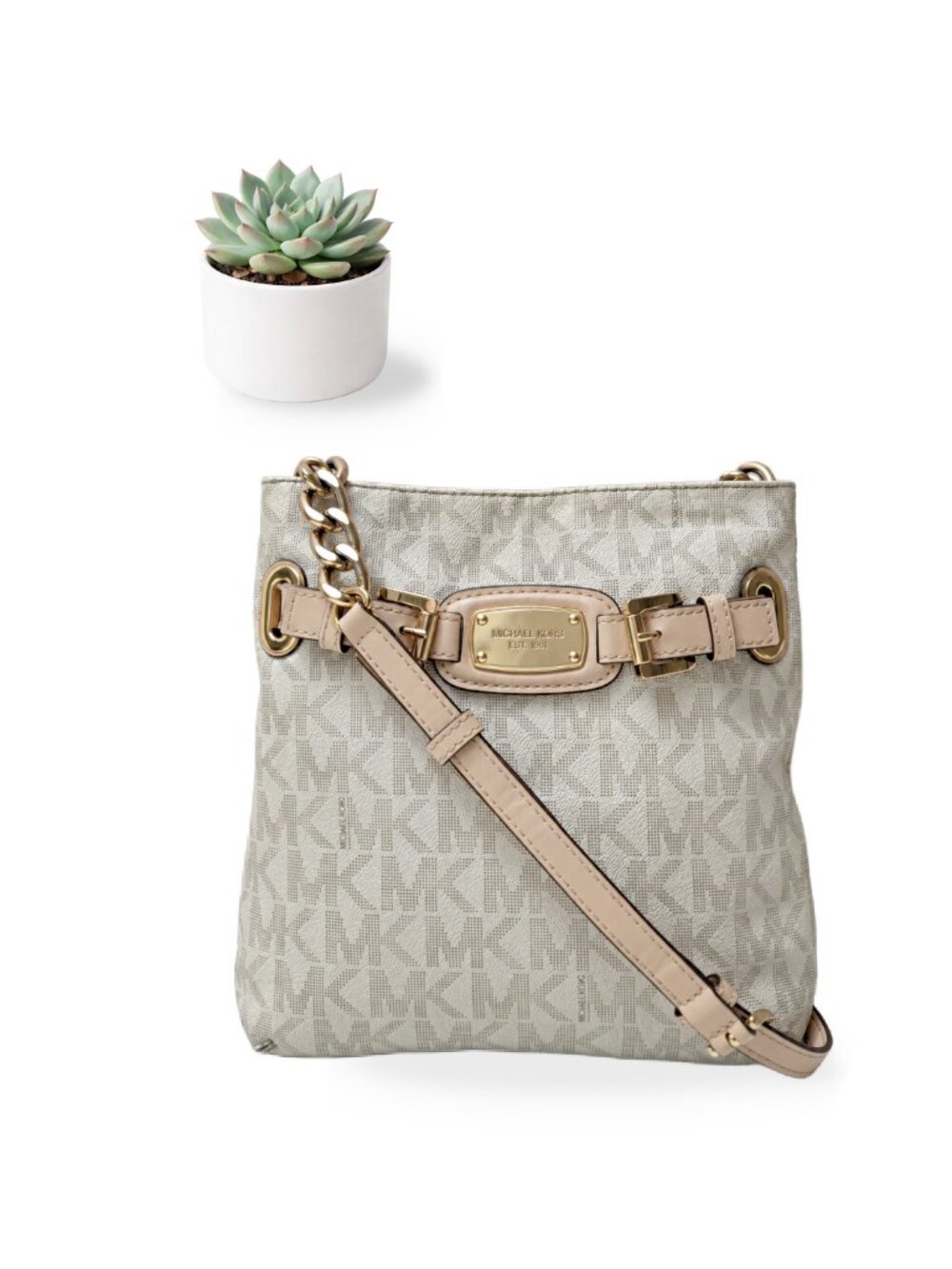 Michael Kors Crossbody Bag Hamilton Messenger Vanilla Signature Chain Purse